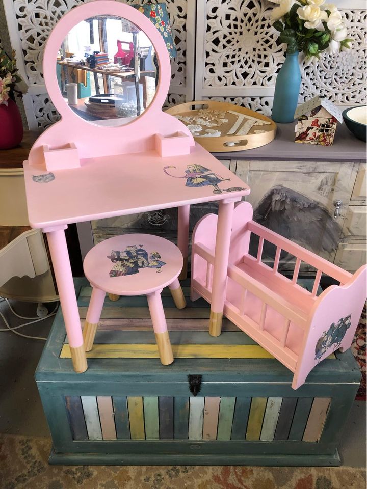 Childs dressing table and chair plus doll cot